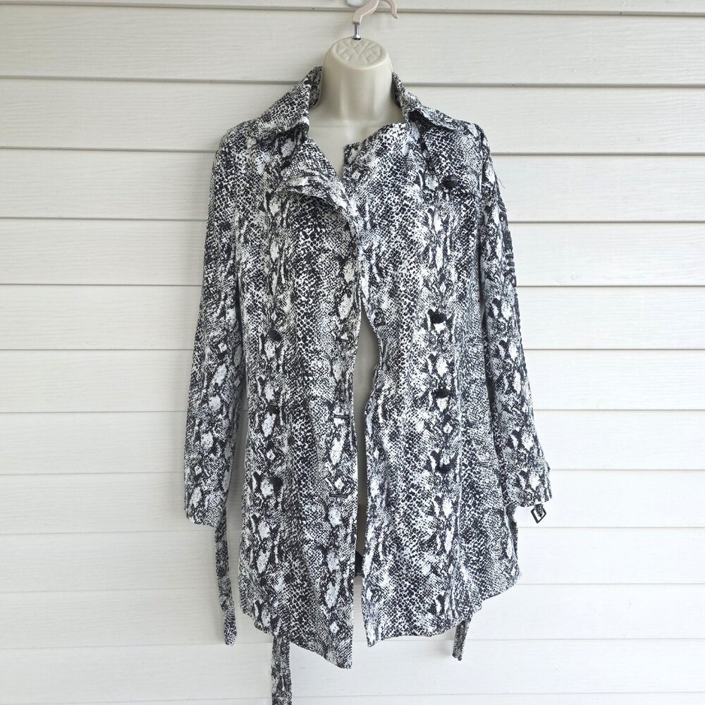 ED HARDY Black White Snake Print Belt Appliqued Rhinestones Trench Coat - Picture 4 of 13